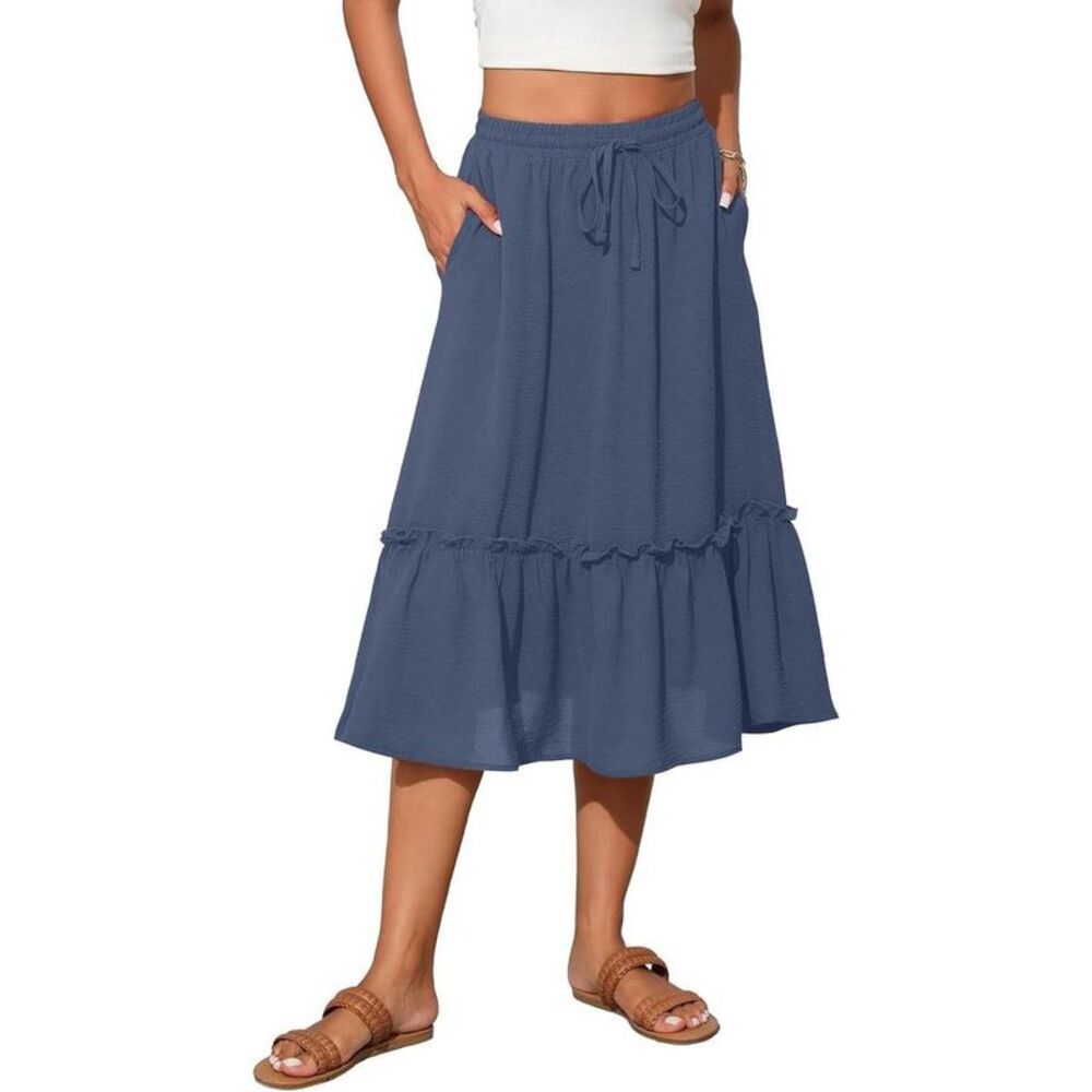 2025 Trendy High Waist Tiered Flowy Skirt for Women - Below Knee Pockets